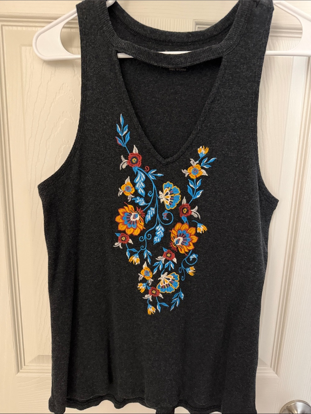 Shyanne Charcoal V-Neck Tank with Colorful Floral Embroidery